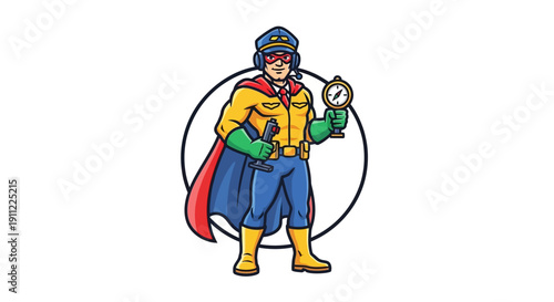 Superhero Pilot Character Holding Compass, Ready for Adventure and Exploration