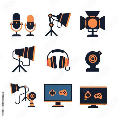 Set of icons for podcasting and streaming equipment.