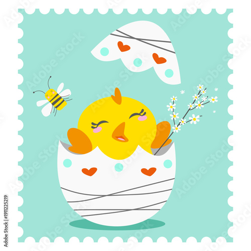 Easter chick jumping out of an egg to wish everyone a happy holiday, vector illustration