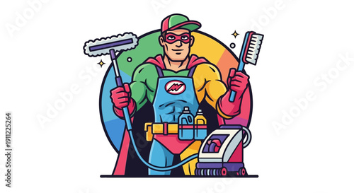 Super Hero Cleaning Service Character with Cleaning Supplies and Equipment