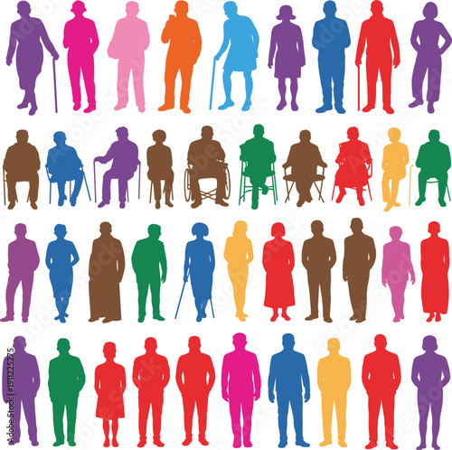 Colorful human silhouettes showing age diversity and mobility, men women standing sitting walking, inclusive people vector icons set, illustration, collection