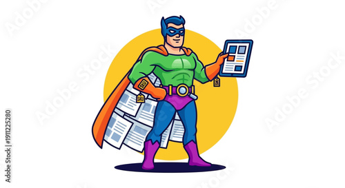 Superhero holding tablet and documents, symbolizing success and efficiency in business