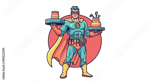 Superhero handyman serving dishes with tools and a red circle background