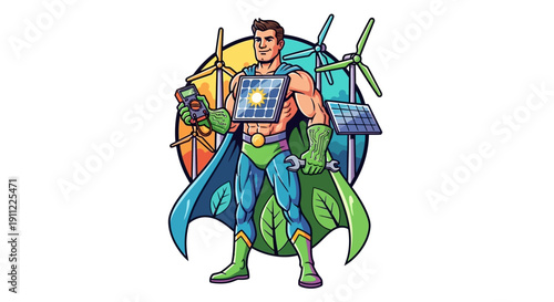 Superhero Mechanic Illustration for Renewable Energy and Sustainability Concepts