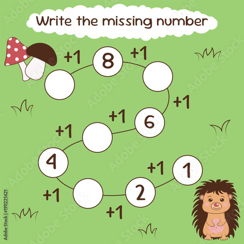 Mathematics education logic game for kids with a cute hedgehog and mushroom