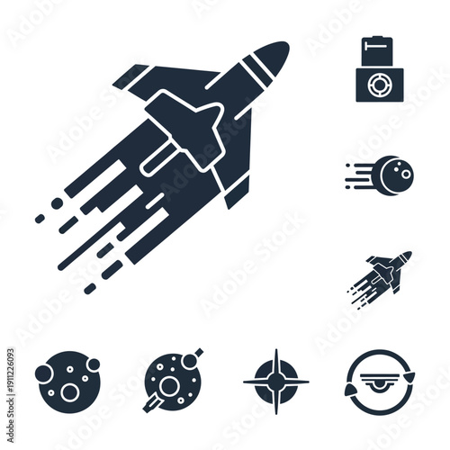Set of Space Icons Featuring a Rocket Ship and Planets.