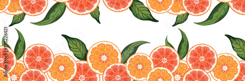 citrus seamless border frame orange and grapefruit slices green leaves white background summer design banner decor