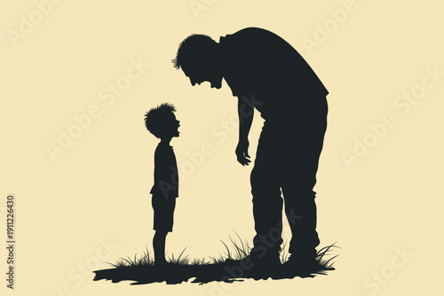 Silhouette of angry father yelling at scared son, child abuse, intimidation, emotional violence, fear and conflict in dysfunctional family