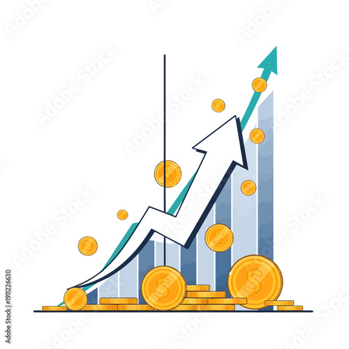 Financial growth graph with rising coins and upward arrow trend