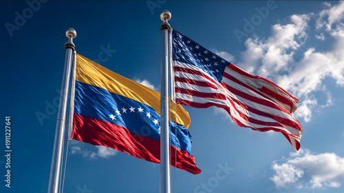 Lowangle view of the Venezuelan flag and the American flag crossing each other on tall flagpoles fluttering strongly in the wind Clear blue sky with soft clouds in