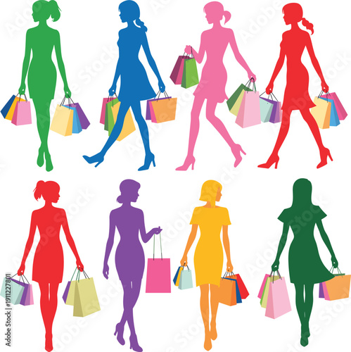 Colorful women shopping silhouettes walking with bags, fashionable female shoppers, retail lifestyle concept, modern flat vector illustration set, design, collection