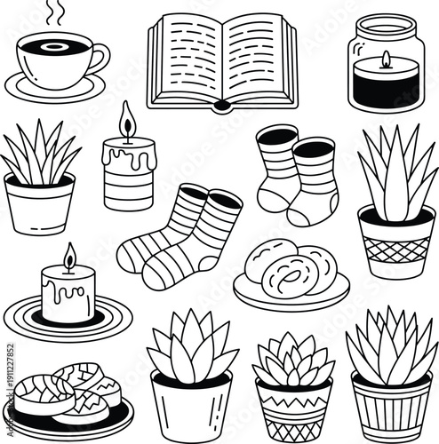 Cozy hygge icons set, coffee book candles socks pastries houseplants, black and white line art illustration, minimalist home comfort vector