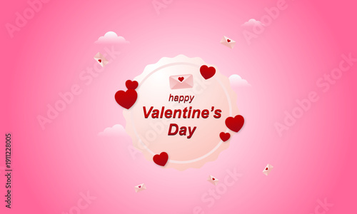 Happy Valentines Day greeting card with red hearts and a love letter envelope.