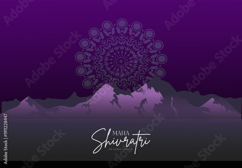 Maha Shivratri festival background with purple mountain silhouette, decorative mandala pattern and elegant typography, spiritual Hindu celebration night design