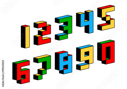Numbers in style of old 8-bit video games. Vector numerals. Set of color geometry shapes figures and numbers
