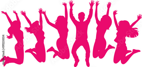 Happy people silhouettes jumping together, celebration joy energy freedom youth lifestyle, colorful party crowd vector illustration, isolated on white background