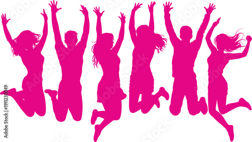 Happy people silhouettes jumping together, celebration joy energy freedom youth lifestyle, party crowd vector illustration, isolated on white background, design