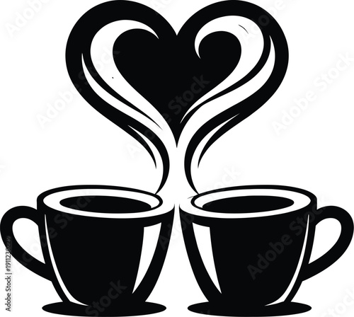 Black and White Coffee Cups with Steaming Heart Shape Vector