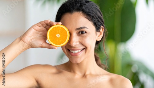 Smiling Woman Covering Eye with Orange Slice