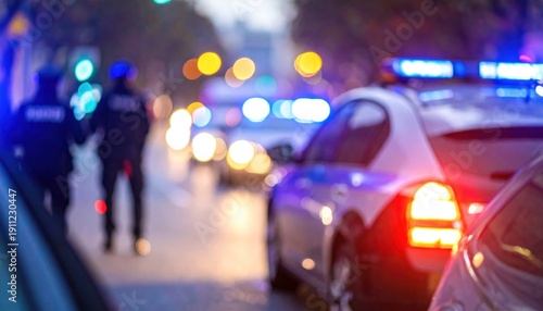 Blurred image of police cars with flashing blue and red lights and officers at an urban emergency scene at night.