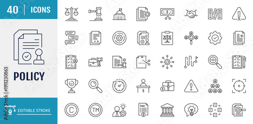 Policy icon set. Includes policy, law, legal, and more. Outline icon set. Vector illustration with editable stroke