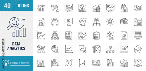 Data Analytics icons set. Includes database, statistics, server, network, big data, data processing, data mining, and more. Outline icon set. Vector illustration with editable stroke