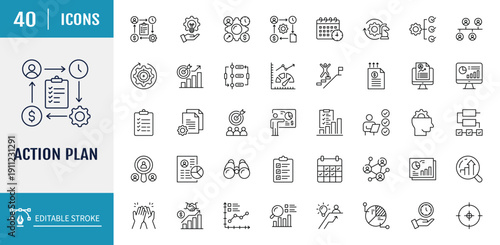 Action plan icon set. Includes Business, strategy, startup, steps, target and more. Outline icon set. Vector illustration with editable stroke