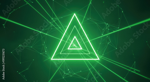 Neon triangle green triangle glowing triangle geometric shape abstract background digital art laser line light effect futuristic design cyber space Neon triangle green triangle glowing triangle