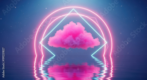 Surreal cloud neon circle triangle shape pink glow blue water futuristic landscape digital art fantasy sky reflection vaporwave style Dreamy surreal cloud within neon circle and triangle shape