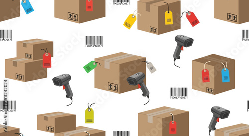 Seamless pattern of shipping boxes, barcode scanners, and tags