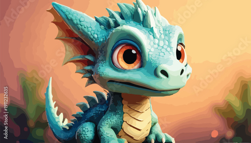Adorable Baby Dragon with Big Eyes and Turquoise Scales in a Cartoon Style.