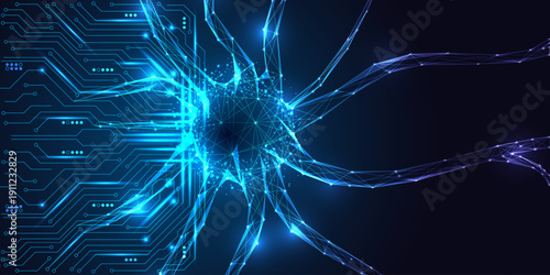 Digital neuron cell glowing in cyberspace, artificial intelligence and brain network concept vector 