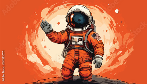 Astronaut Waving Hand in Space Suit on Red Planet.