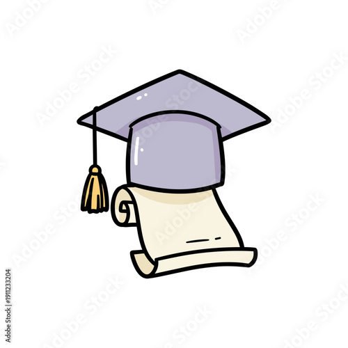 Graduation cap and diploma in flat cartoon style pastel colors representing online education and digital learning achievement