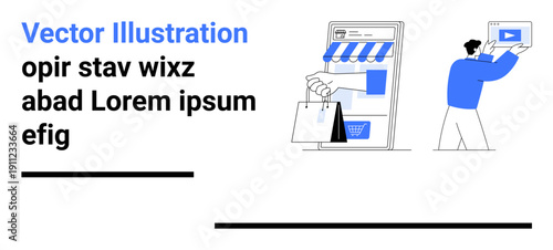 Online store window with shopping bag, cart icon, and creator holding a video frame. Ideal for e-commerce, retail, marketing, video tutorials, branding, online shopping simple landing page