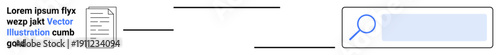 Data management, information retrieval, search tools, content discovery, digital archives, file indexing. Document icon linked to search bar with magnifying glass. Data management and search tools