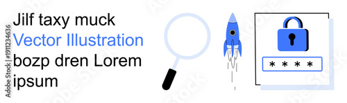 Data protection, innovation, cybersecurity, password management, research, startup growth. Magnifying glass, lock with password and rocket graphics. Data protection and innovation visual concept