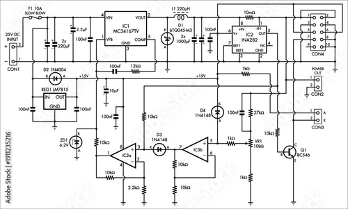 Schematic diagram of electronic device 
on paper sheet. Vector drawing electrical circuit with 
integrated circuit of operational amplifier,  
capacitor, resistor, 
power regulator, current converter.