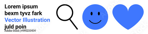Problem-solving, happiness, healthcare, love, data discovery, connection. Magnifying glass, happy face and heart icon in blue. Problem-solving and happiness concepts illustrated through clear