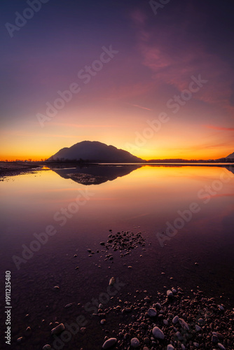 Vertical Fraser River Sunset Reflection with Mountain Silhouette in Chilliwack British Columbia Canada