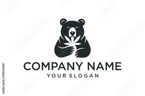 Bear Holding Cannabis Leaf Logo Design - Minimalist Animal Mascot for Business Branding