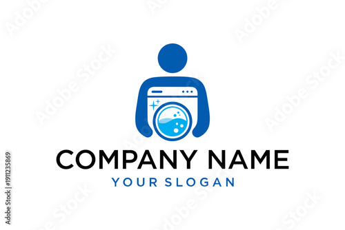 Blue Laundry Service Logo Design with Washing Machine and Abstract Person Icon