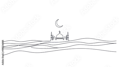 Minimalist Line Art Drawing of a Mosque with Crescent Moon.