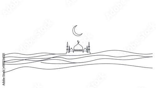 Minimalist Line Art Drawing of a Mosque with Crescent Moon.