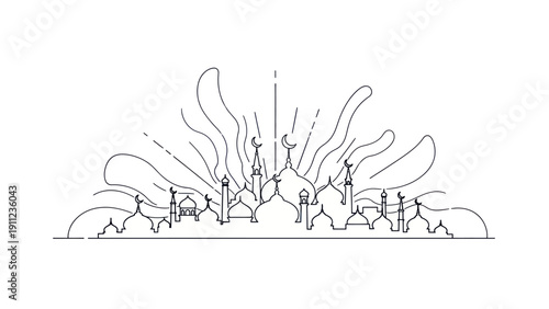 Minimalist Line Art Drawing of a Stylized Cityscape with Organic Forms.