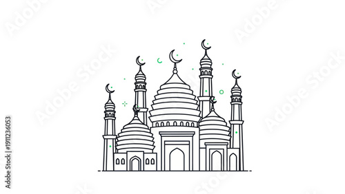 Minimalist Line Art Illustration of a Grand Mosque with Multiple Domes and Minarets.