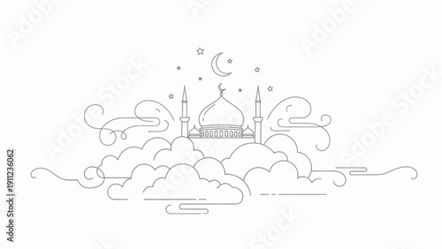 Minimalist Line Art Mosque with Crescent Moon and Stars on Clouds.