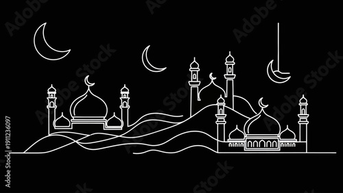 Minimalist Mosque Silhouettes with Crescent Moons on Dark Background.