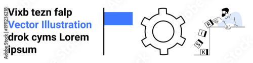 Businessperson arranges risk blocks near a gear, symbolizing planning and problem management. Ideal for strategy, innovation, decision-making, process analysis, collaboration, risk management, simple