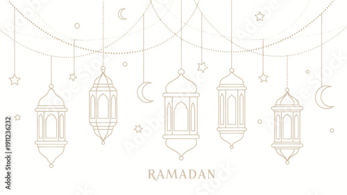 Ramadan Kareem celebration with hanging lanterns and crescent moon.